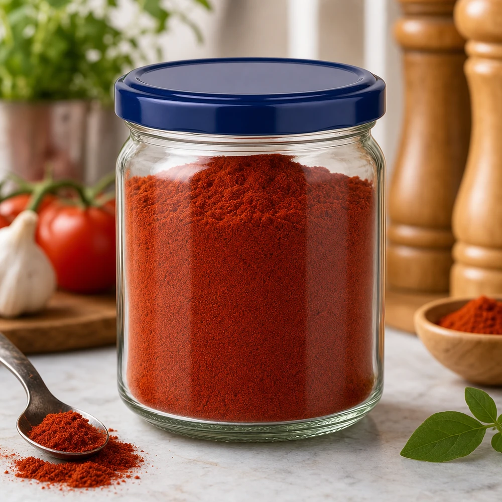 408ml Verre rond avec couvercle BasicSeal bleu UNiTWIST Bocal rond de 408ml avec couvercle bleu BasicSeal rempli de paprika en poudre - Conservation d'épices en bocal UNiTWIST