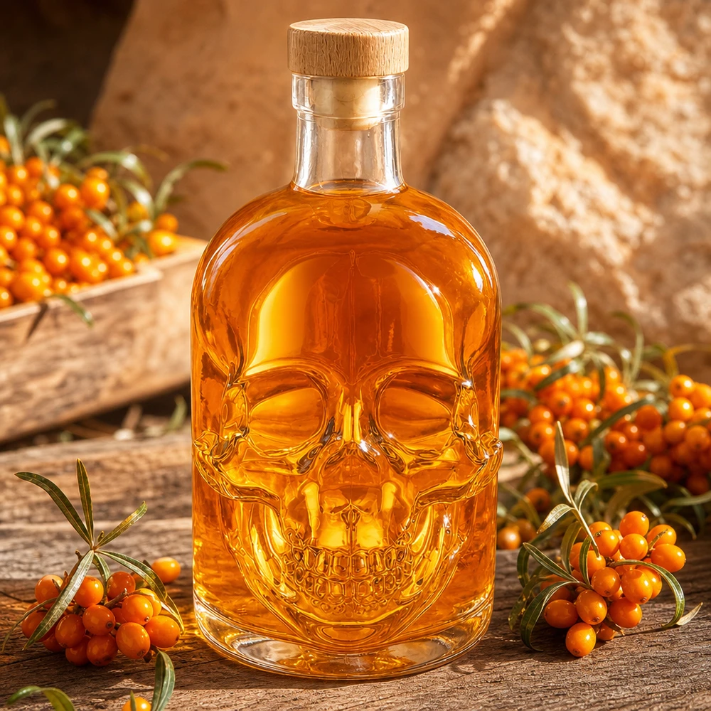 Bouteille en verre Jack 500ml design tête de mort avec liquide ambré et baies d'argousier sur fond en bois
