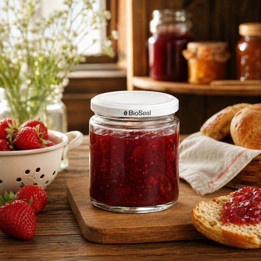 Pot à miel 350 g avec couvercle blanc BioSeal UNiTWIST Pot de miel de 250 ml avec couvercle BioSeal rempli de confiture de fraises sur une planche en bois à côté de fraises fraîches et de pain