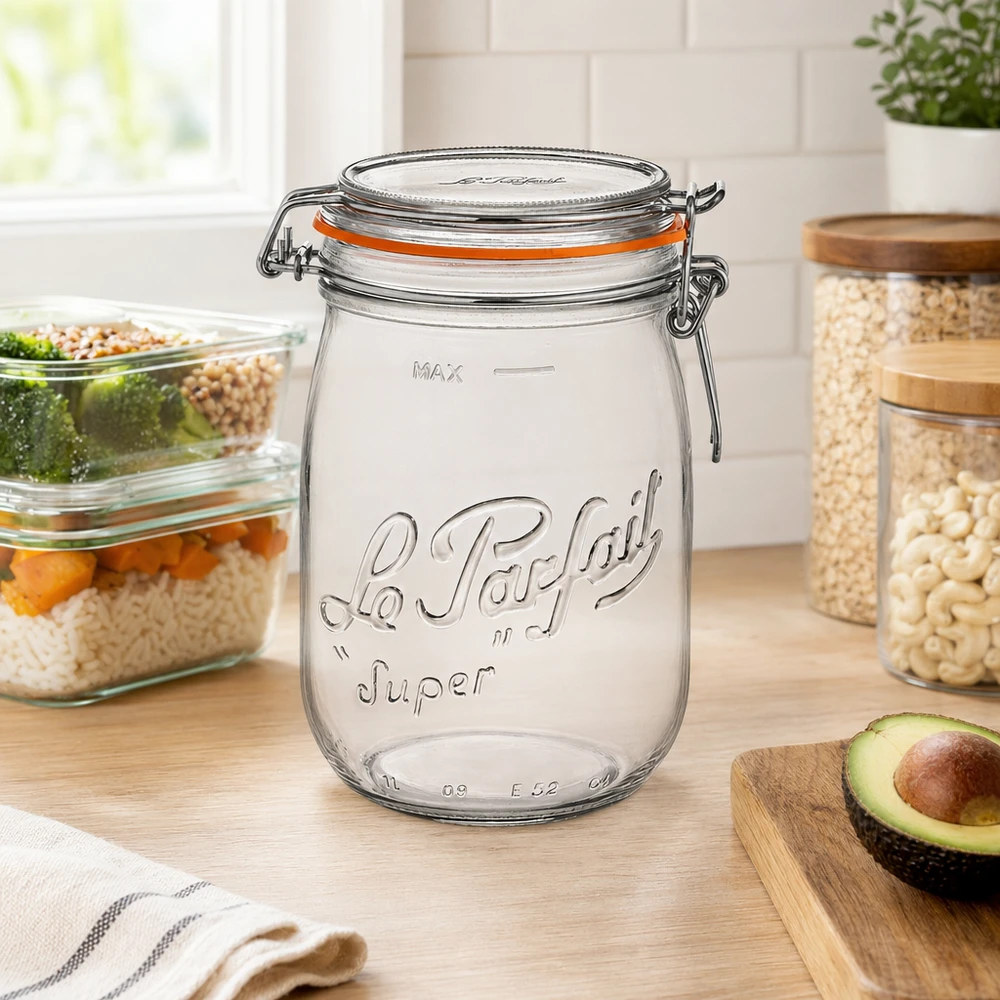 1000ml Le Parfait Super bocal de stockage avec fermeture à étrier dans la cuisine moderne à côté de l'avocat et d'autres récipients de stockage