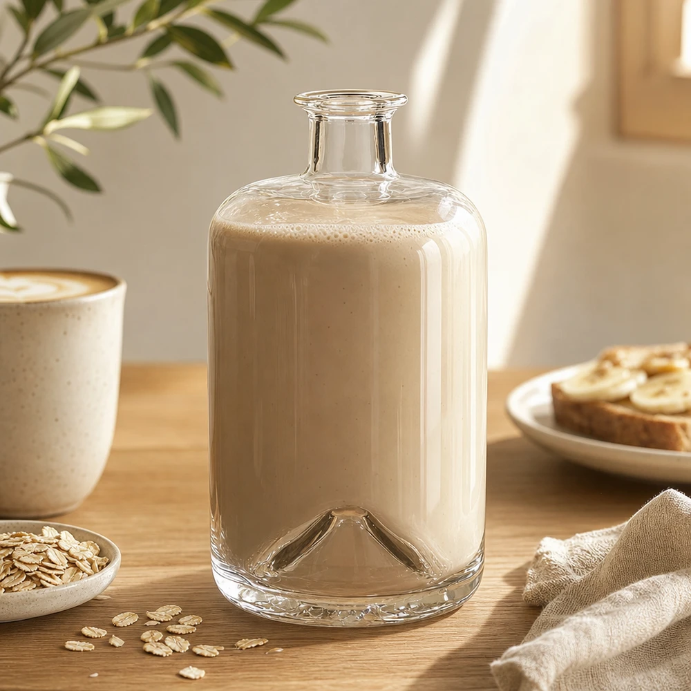 Bouteille en verre de 700 ml Sofia remplie de lait d'avoine sur une table en bois à côté de flocons d'avoine et d'une tasse de café Prise de vue Lifestyle