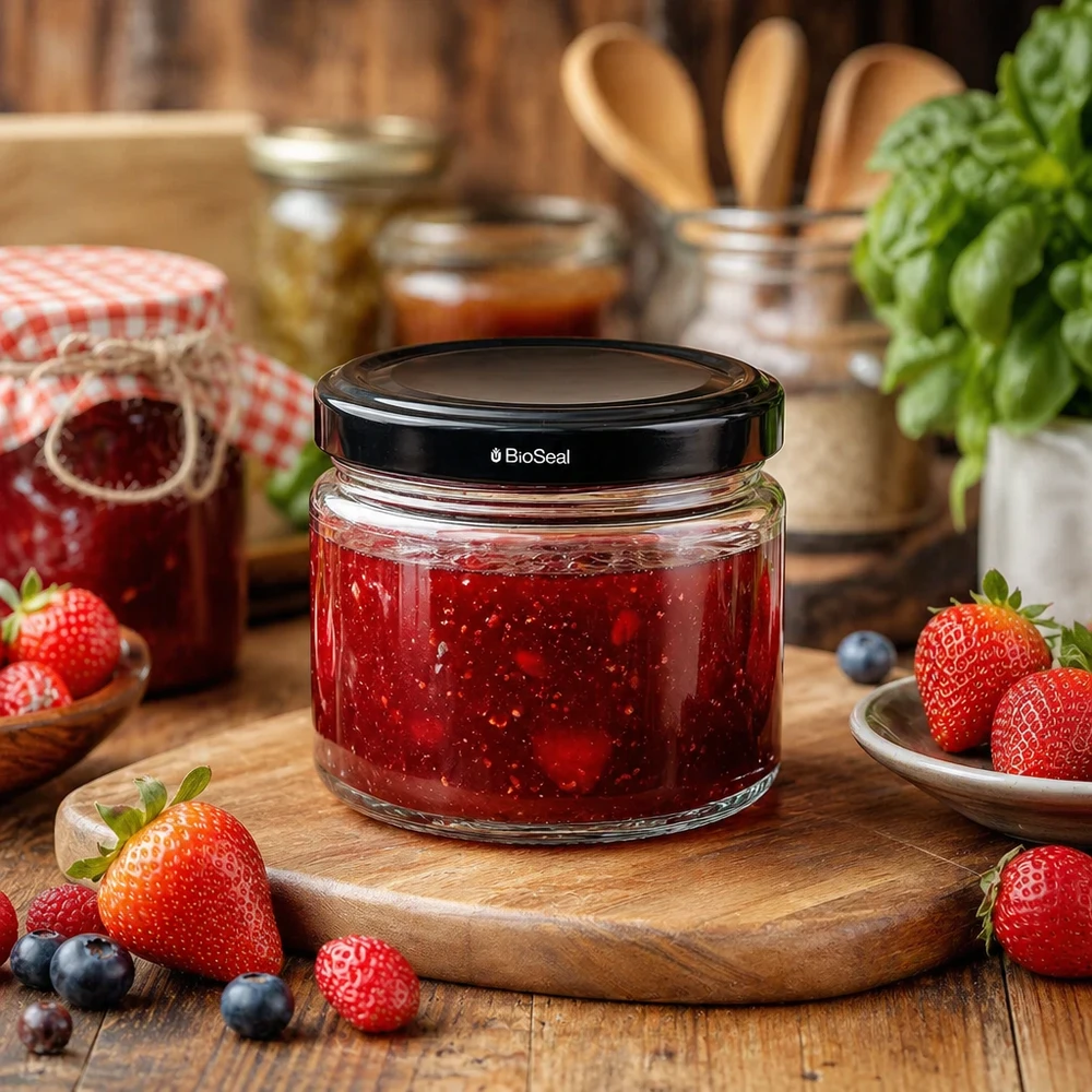 UniTWIST Runda330 mit schwarzem TO82 BioSeal Deckel gefüllt mit Erdbeermarmelade auf Holzbrett neben frischen Beeren