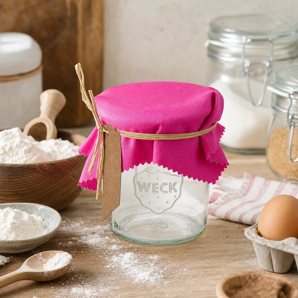 Couvre-bijoux en tissu rose 12cm carré sur verre Weck Styling cuisine avec farine oeufs et ingrédients de cuisson Ambiente