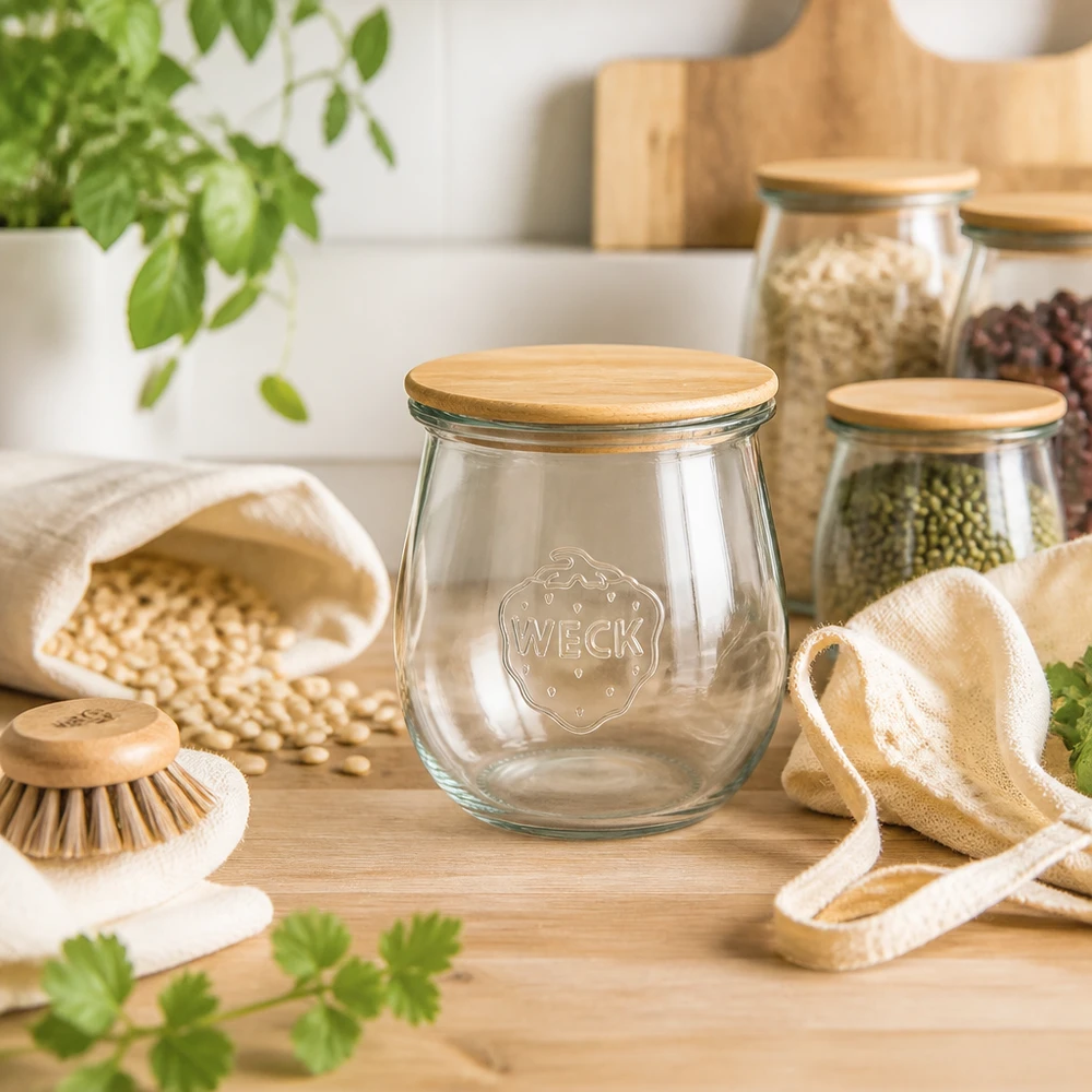 WECK Tulpenglas 220ml RR60 Holzdeckel in Zero-Waste Küche mit Hülsenfrüchten Getreide und nachhaltigen Utensilien