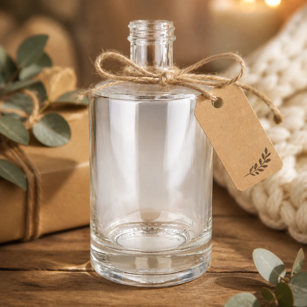 Bouteille en verre Sam 500ml vide avec pendentif en papier kraft Boucle en jute Emballage cadeau rustique fond en bois