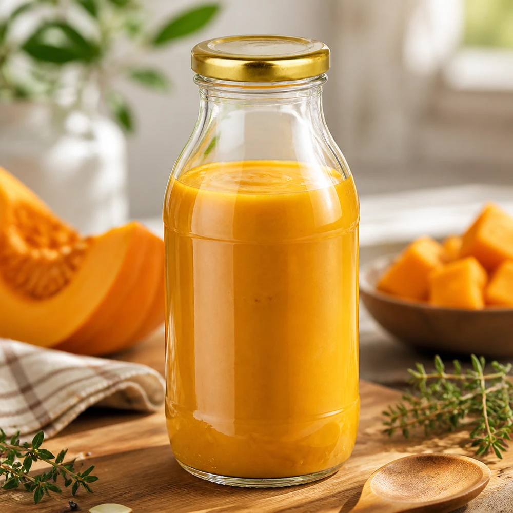 250ml Glasflasche + BasicSeal Deckel gold UNiTWIST Bouteille en verre UNiTWIST de 250 ml contenant de la soupe au potiron, avec un couvercle BasicSeal doré, posée sur une planche en bois