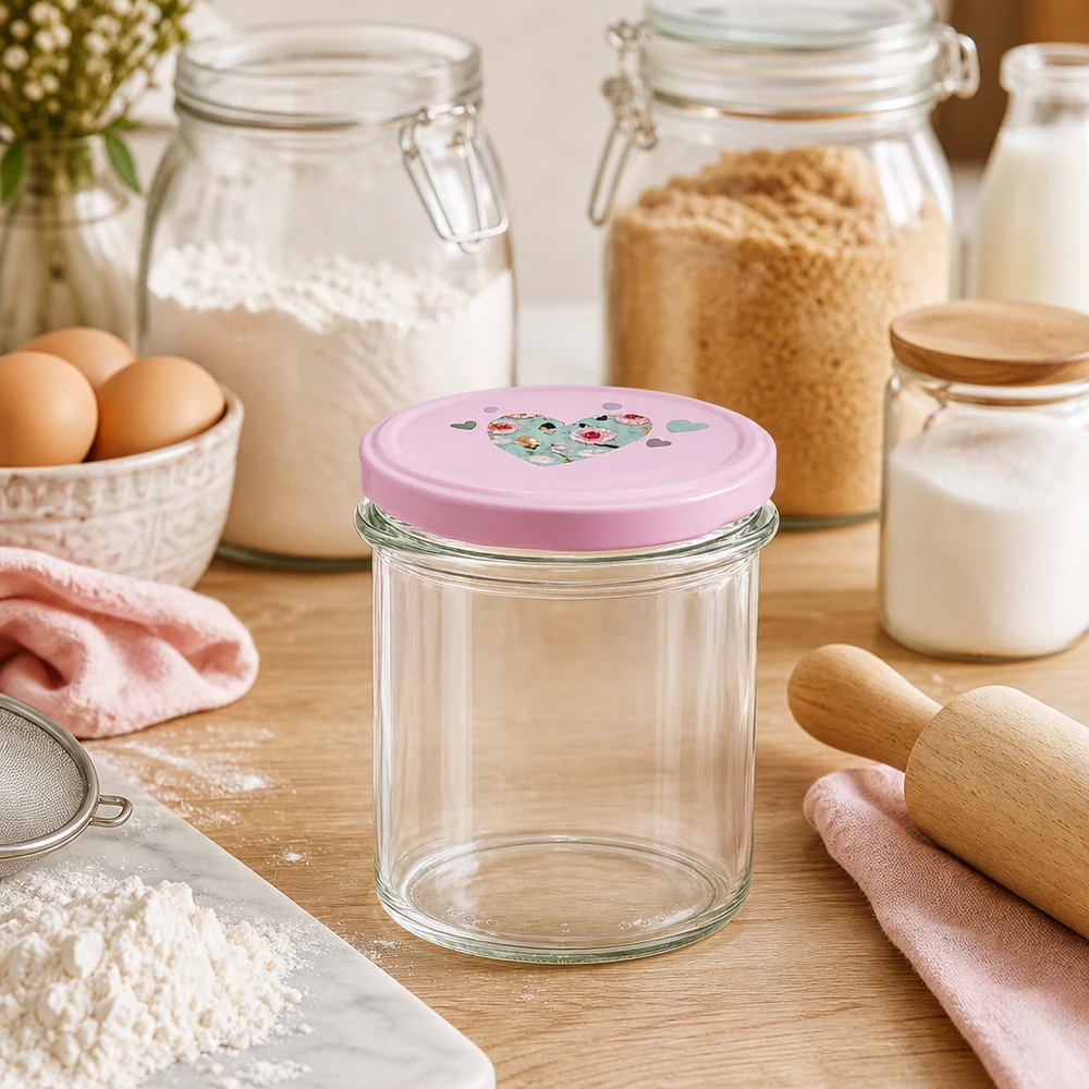 Verres de 350 ml + couvercle BasicSeal rose cur UNiTWIST 350ml Verre renversé rose Couvercle en forme de cœur Scène de cuisine Accessoires de pâtisserie Œufs Farine Rouleau à pâtisserie Verres à provisions Cuisson