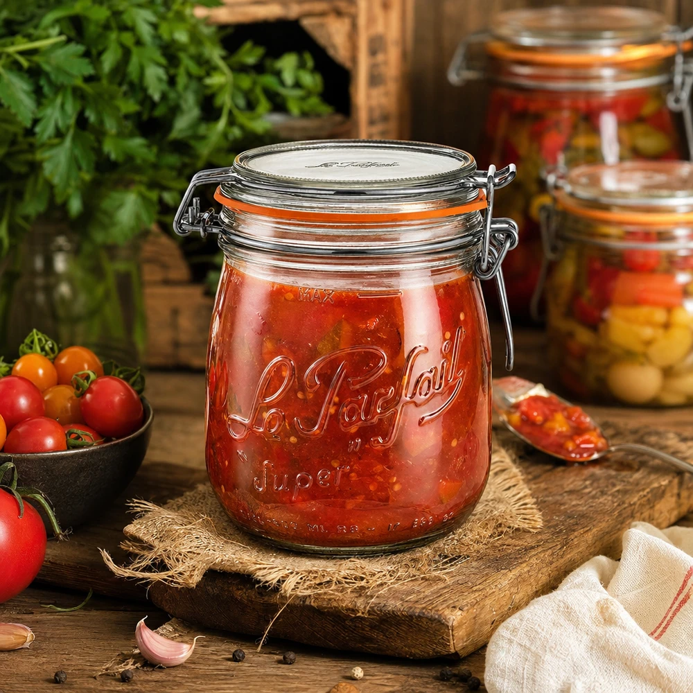 Bocal Le Parfait Super rempli de sauce tomate sur une table rustique