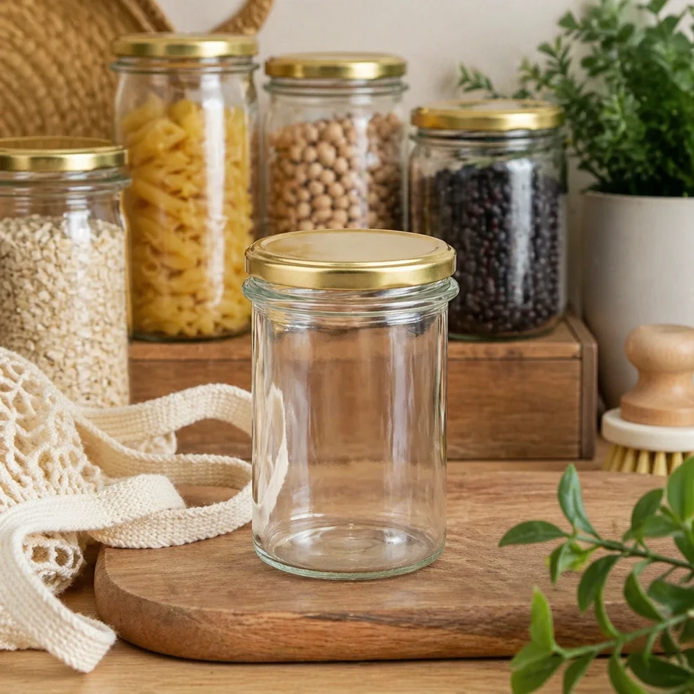 230ml Verre conique avec couvercle BasicSeal or UNiTWIST 230ml bocal vide BasicSeal couvercle doré UNiTWIST dans la cuisine Zero Waste avec bocaux à provisions et plantes