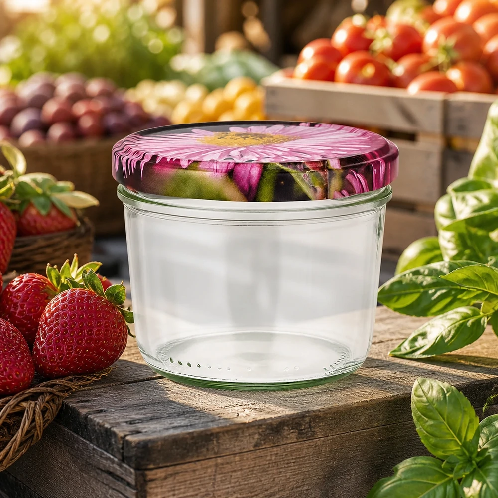 Verre renversé de 230 ml avec couvercle à fleurs sur planche en bois entre des fraises fraîches et des légumes dans une atmosphère de marché