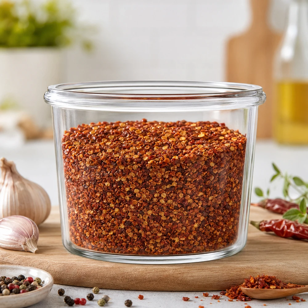 Bocal WECK RR40 de 35 ml WECK Pot renversé 35ml RR40 rempli de mélange d'épices au chili dans une cuisine moderne sur une planche en bois
