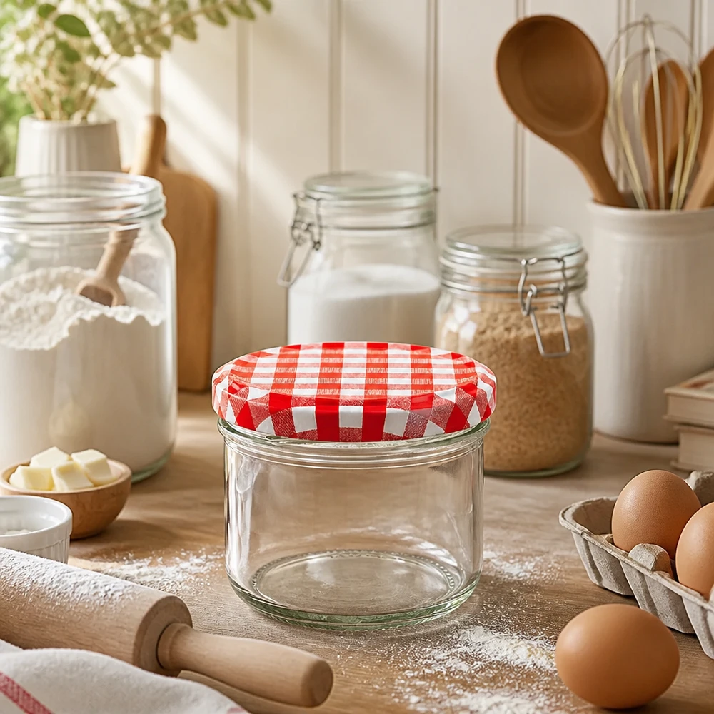 230ml Verre cylindrique avec couvercle BasicSeal rouge/blanc UNiTWIST Pot cylindrique vide de 230ml avec couvercle BasicSeal à carreaux rouges et blancs dans une scène de cuisine naturelle avec des ingrédients de pâtisserie