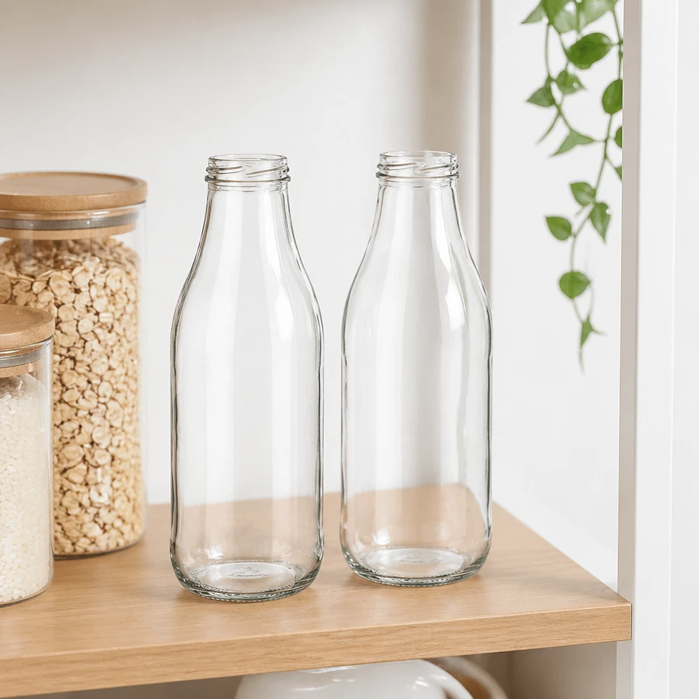 1000ml Bouteille sans bouchon (TO48) UNiTWIST Bouteilles en verre 1000ml TO48 UNiTWIST deux bouteilles de lait vides sur une étagère en bois dans une cuisine moderne avec des bocaux de stockage