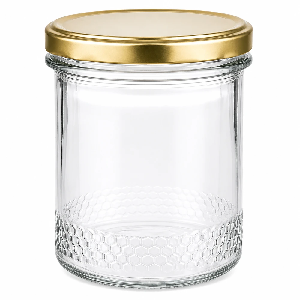 Pot à miel vide de 400 ml avec couvercle doré BasicSeal UNiTWIST et motif en nid d'abeille sur le fond