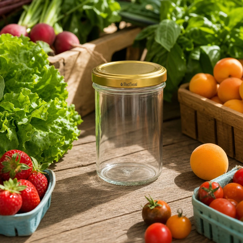 230ml Verre conique avec couvercle BioSeal or UNiTWIST UNiTWIST Sturz230 Bocal TO66 BioSeal couvercle doré entouré de légumes frais fruits sur table en bois