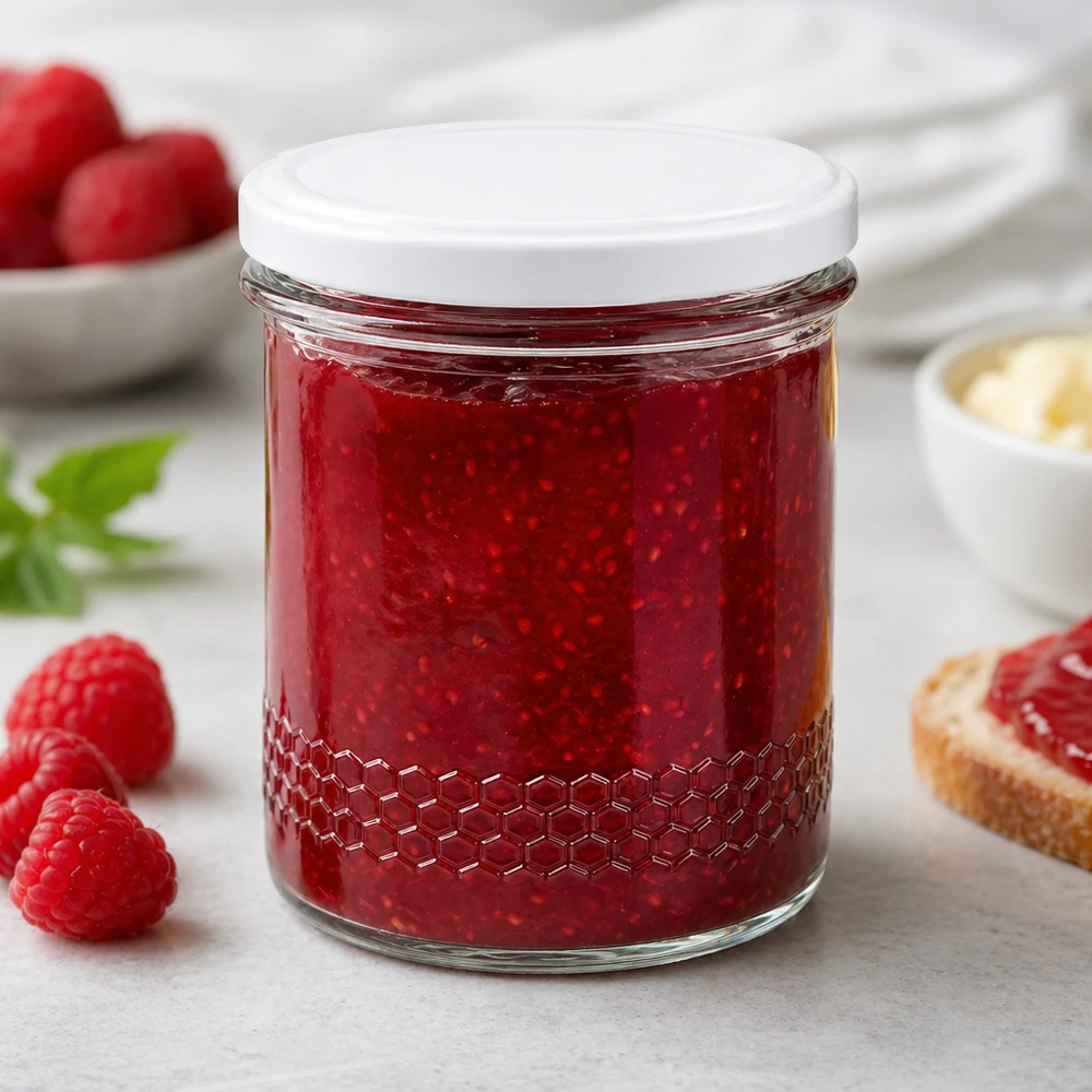 Pot à miel 560 g avec couvercle blanc BasicSeal UNiTWIST 400ml pot de miel comme pot de confiture pour la confiture de framboise rempli de confiture rouge scène de petit déjeuner BasicSeal couvercle blanc