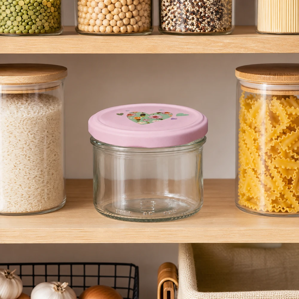 Pot cylindrique de 230 ml avec couvercle en forme de cœur rose dans un garde-manger organisé entre les pâtes et le riz, idéal pour organiser la cuisine.