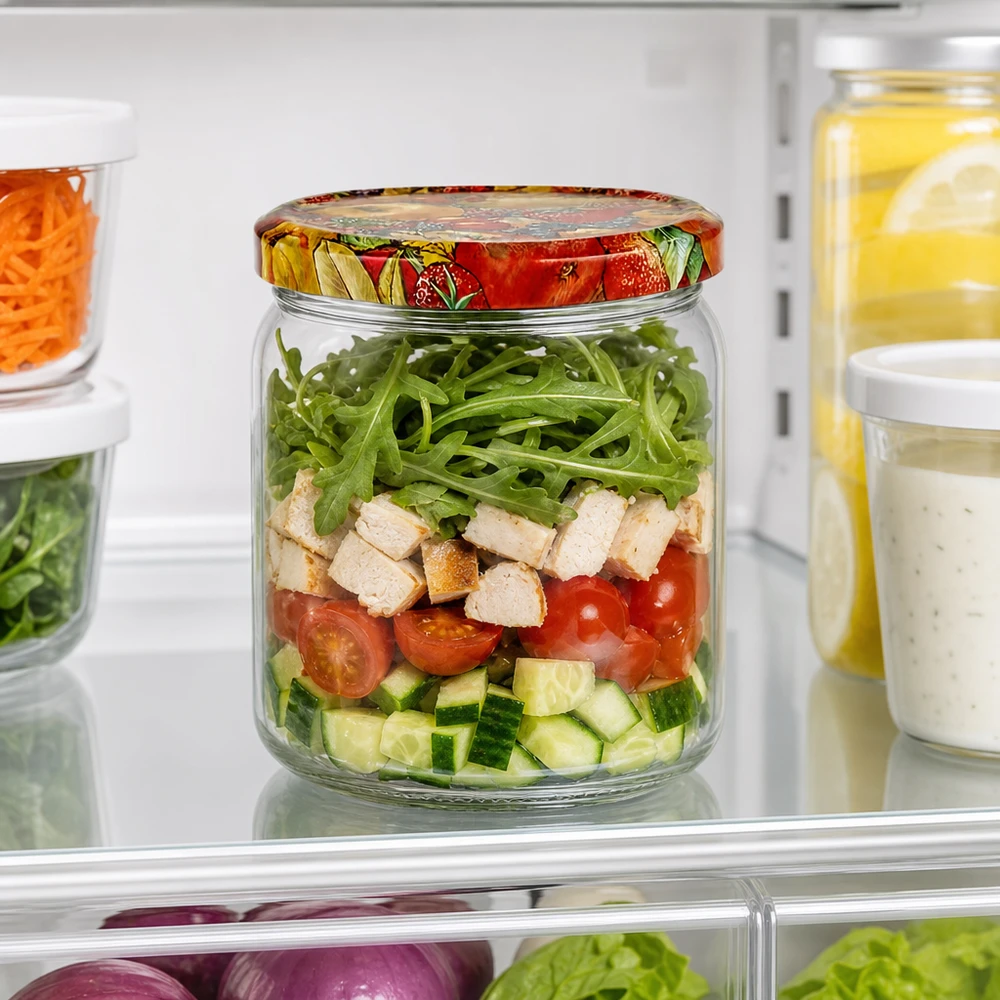 408ml Verre rond avec couvercle BasicSeal décor fruits UNiTWIST Bocal rond de 408ml comme saladier dans le réfrigérateur avec couvercle BasicSeal décor fruits pour Meal Prep et conservation