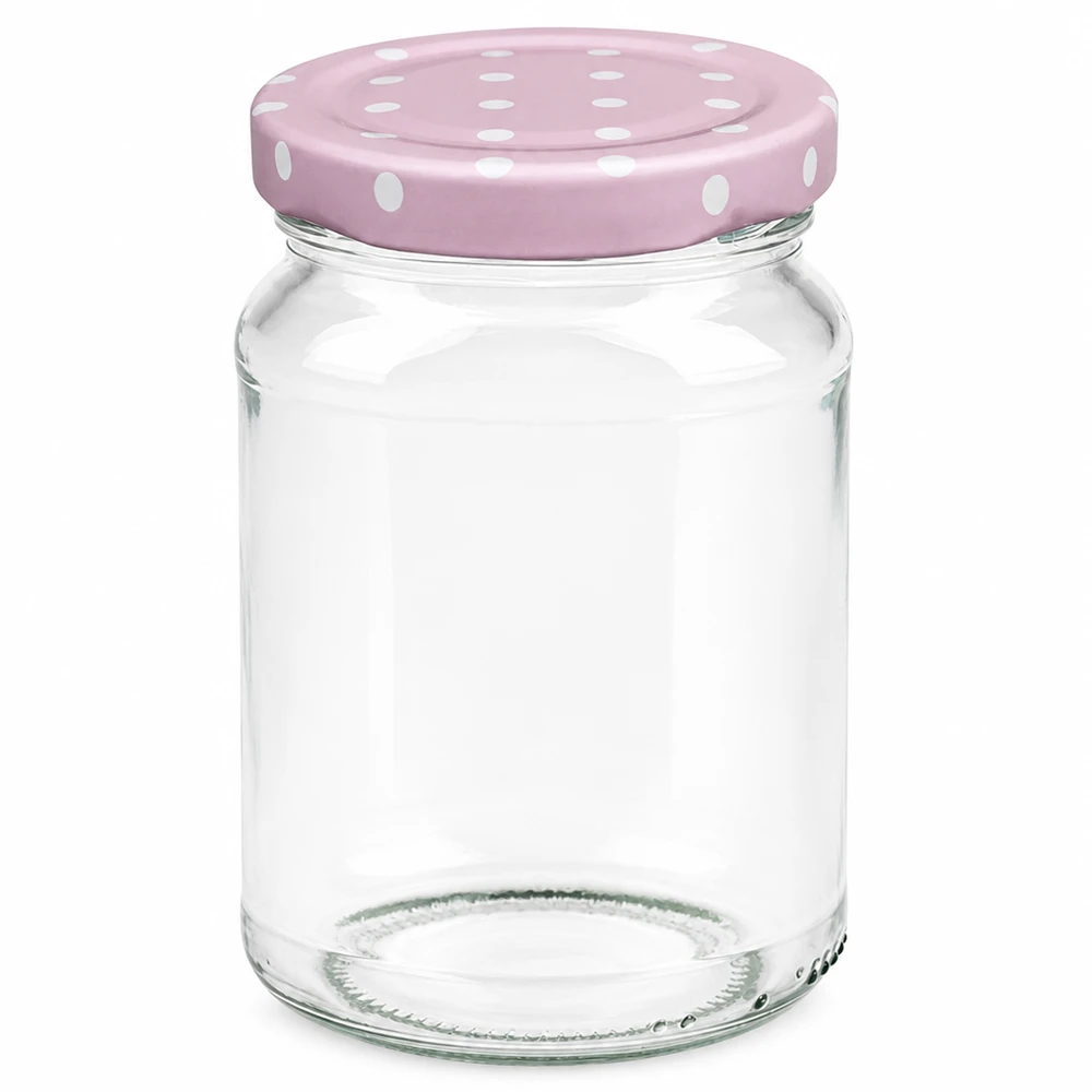 Pot rond de 205 ml avec couvercle rose BasicSeal à pois pour confitures et conserves.