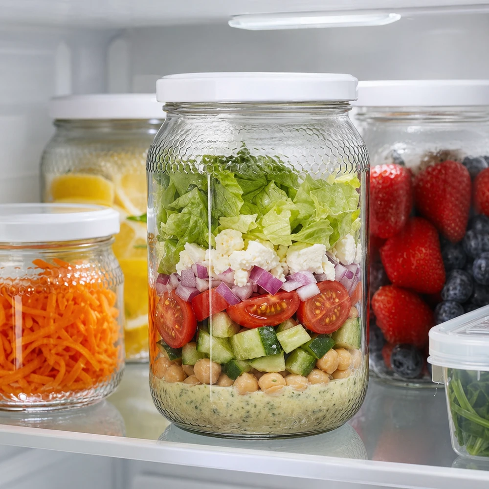 Pot à miel 1260 g avec couvercle blanc BasicSeal UNiTWIST Pot de miel 900ml comme Meal Prep Pot à salade dans le réfrigérateur rempli de salade en couches BasicSeal Couvercle UNiTWIST