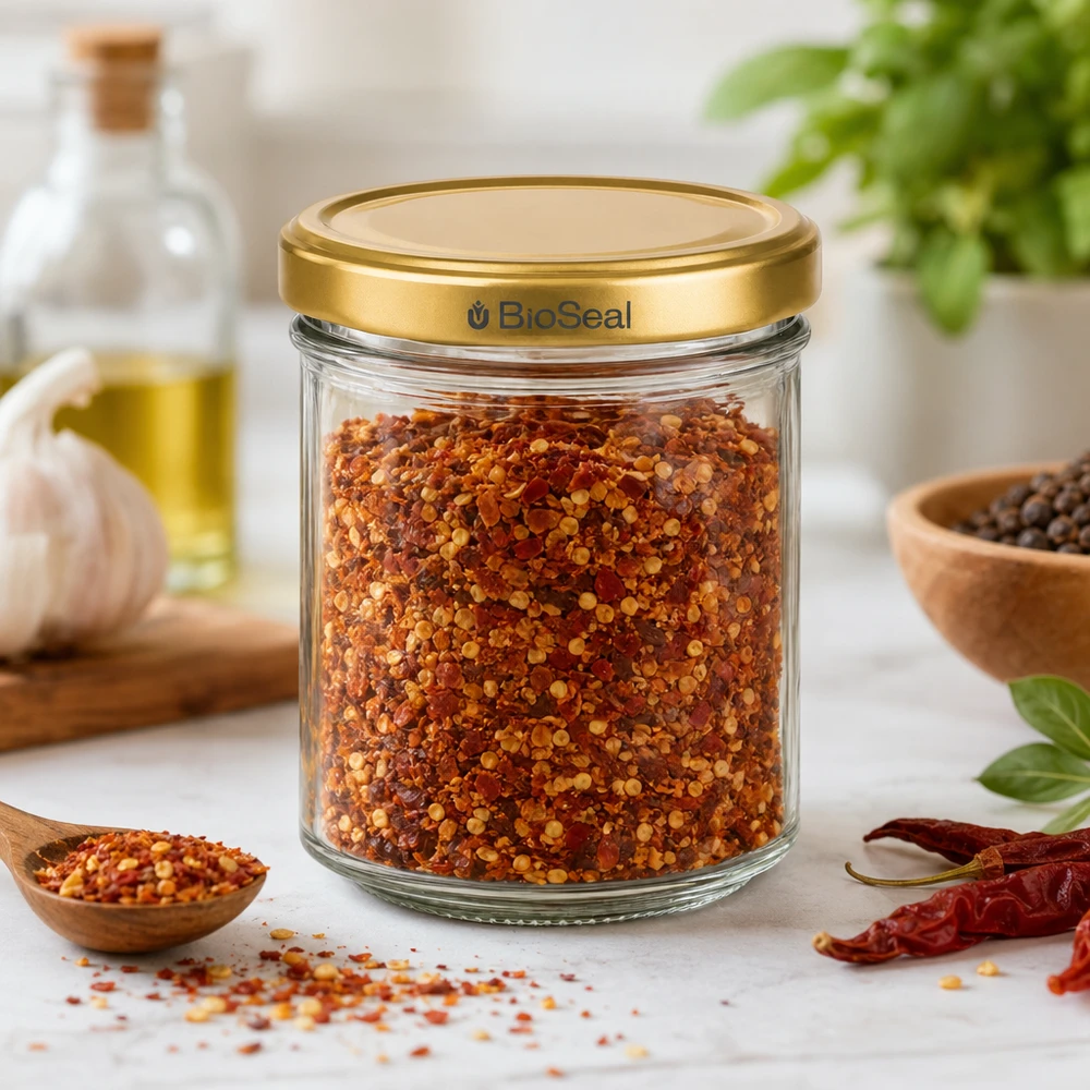 Pot à miel 200 g avec couvercle doré BioSeal UNiTWIST BioSeal 200g Glasbehaelter mit goldenem Deckel gefuellt mit roter Gewuerzmischung umgeben von Kuechenzubehoer und Kraeut