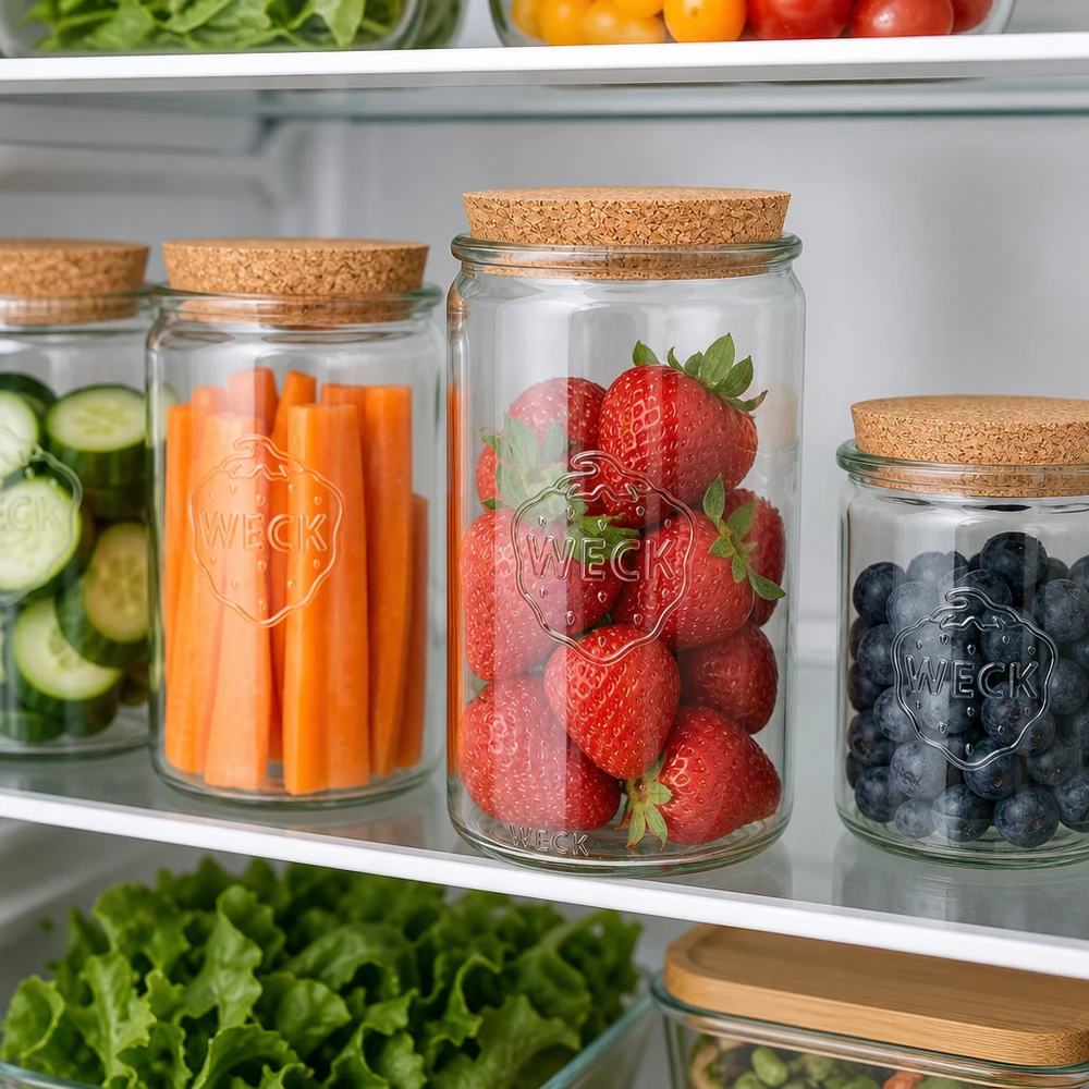 1590ml bocal cylindrique WECK RR100 avec bouchon nature WECK Pots à provisions 1590ml RR100 avec couvercle en liège dans le réfrigérateur remplis de fraises carottes myrtilles et concombres