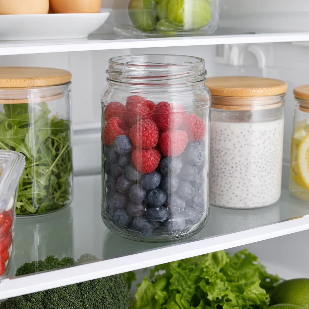 305ml Verre rond sans couvercle (TO63) UNiTWIST UNiTWIST Runda305 Bocal rond 305ml avec baies dans le frigo, boîte en verre avec couvercle en bois pour la conservation des aliments