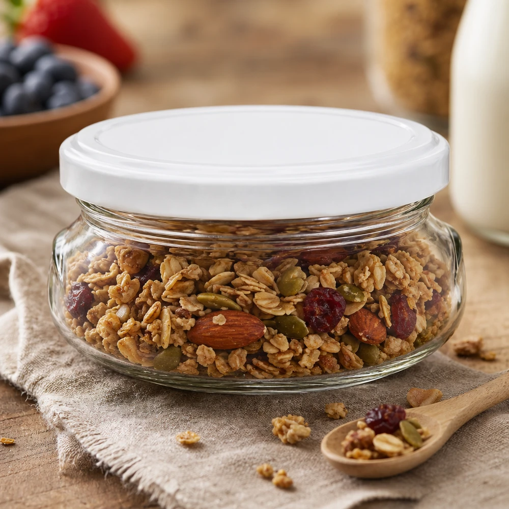 120ml Verre terrine avec couvercle BasicSeal blanc UNiTWIST Pot à terrine de 120 ml avec couvercle blanc rempli de mélange de noix et de fruits secs sur une planche en bois rustique avec cuillère