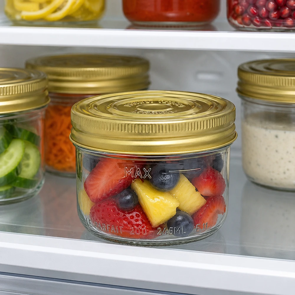 245ml Verre renversé Familia Wiss avec couvercle doré rempli de fruits debout dans le réfrigérateur