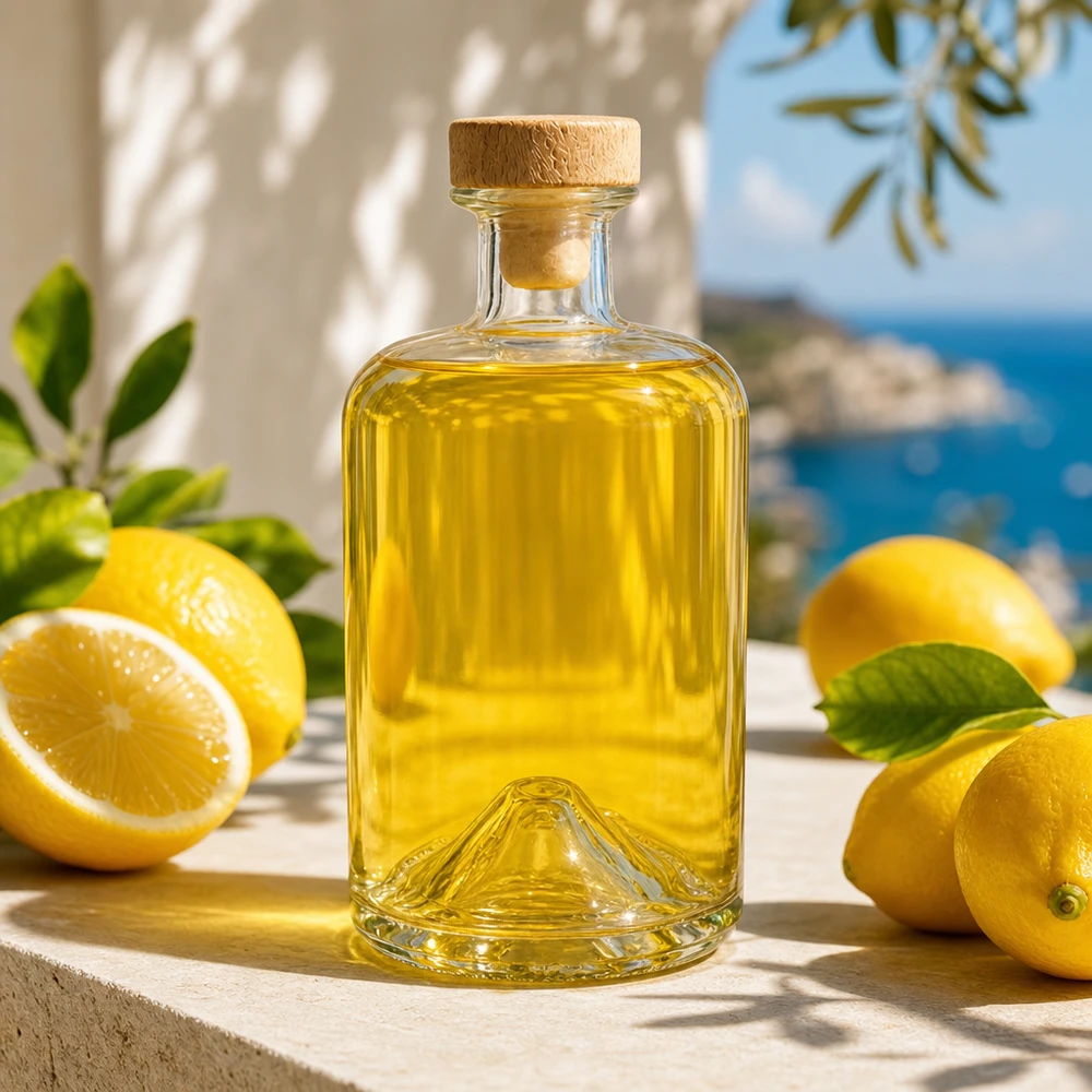 Flacon à pharmacie 500 ml « Sofia » avec bouchon en bois UNiTWIST® 500ml Glasflasche Sofia mit Holzkorken gefüllt mit gelbem Öl zwischen Zitronen in mediterraner Küche