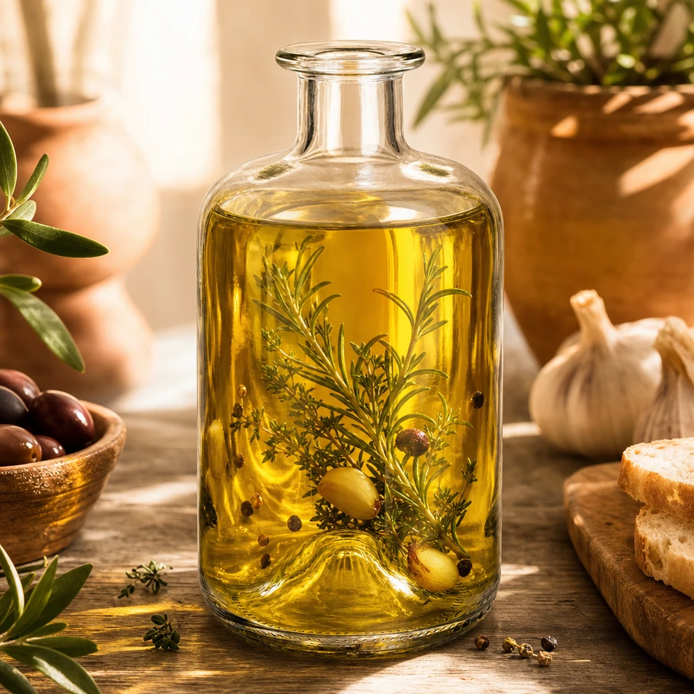 Flacon à pharmacie « 500ml Glasflasche "Luna" ohne Verschluss UNiTWIST » 500 ml sans bouchon UNiTWIST® Bouteille en verre Luna 500ml remplie d'huile d'olive et d'herbes aromatiques comme exemple d'utilisation pour la cuisine et la décoration
