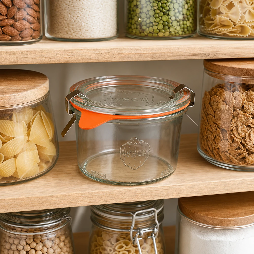 200ml bocal conique complet WECK RR80 WECK Pot renversé 200ml RR80 pour la conservation des aliments dans une cuisine à provisions organisée avec des noix et des pâtes