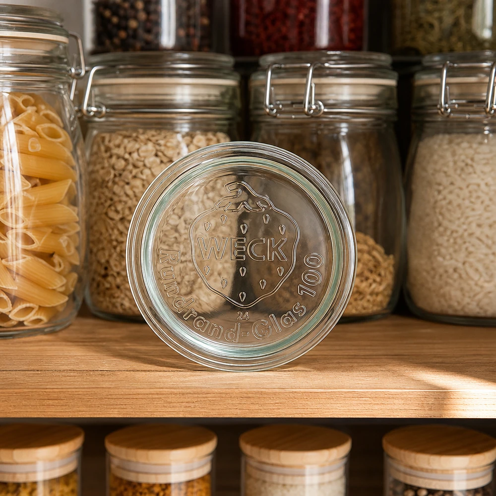 Couvercle de verre RR100 WECK WECK Couvercle en verre RR100 dans une cuisine de réserve avec des bocaux remplis de pâtes, de riz et de céréales sur une étagère en bois