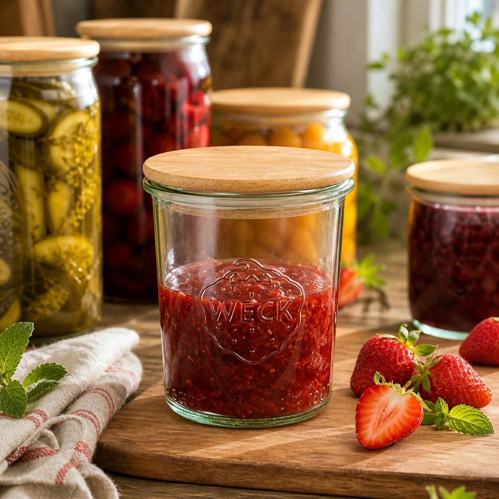 160ml bocal conique WECK RR60 avec couvercle en bois WECK Pot renversé 160ml RR60 Confiture de fraises faite maison Conservation Couvercle en bois Cuisine durable