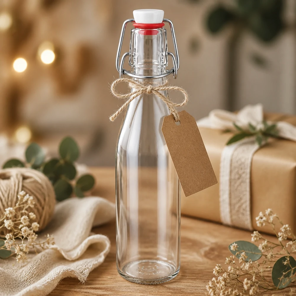 Bouteille en verre de 250 ml + bouchon mécanique PVC UNiTWIST Bouteille en verre 250ml avec bouchon à étrier, décorée comme cadeau, pendentif en papier kraft et corde de jute, présentation festive.