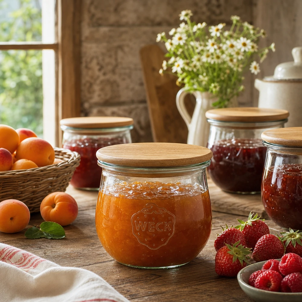 WECK Pot tulipe 370ml RR80 rempli de confiture d'abricots à côté de fruits frais dans une cuisine rustique