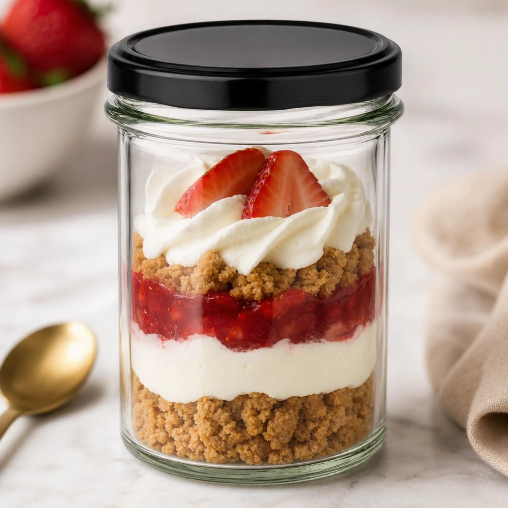 Verre renversé de 230 ml avec couvercle noir pour le dessert avec fraises, crème et fond de biscuit.