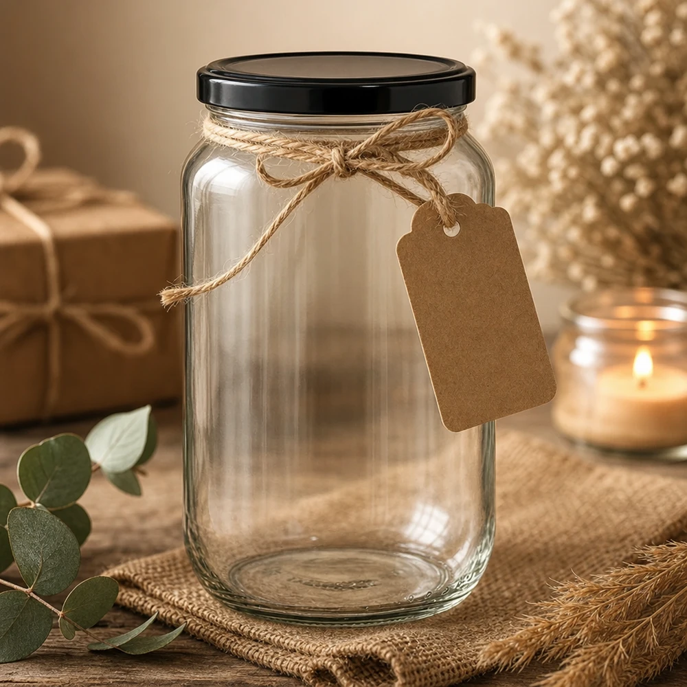 Pot rond de 1062ml décoré avec de la ficelle de jute et un pendentif en papier kraft - emballage cadeau élégant pour les bocaux à conserves