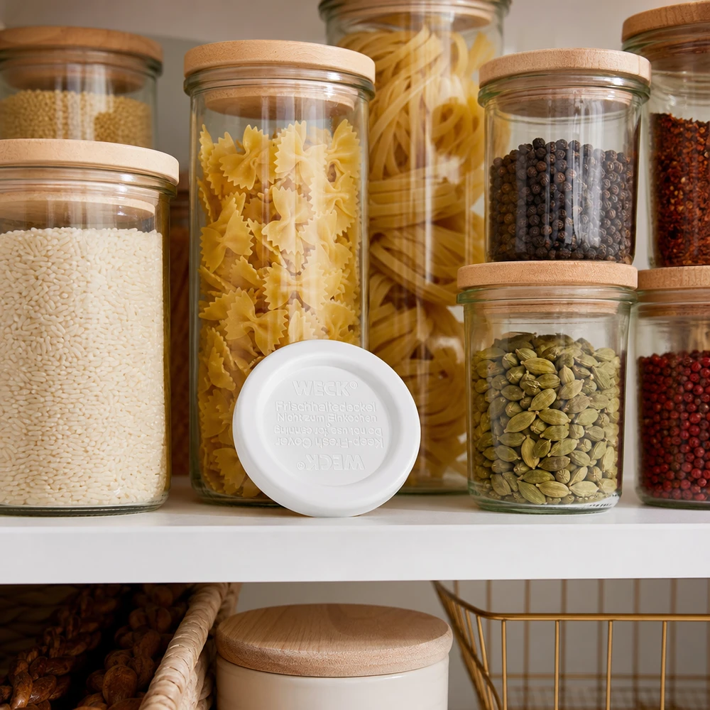 WECK Couvercle de conservation des aliments frais RR40 pour l'organisation des réserves avec des pâtes du riz des épices dans des bocaux avec des couvercles en bois