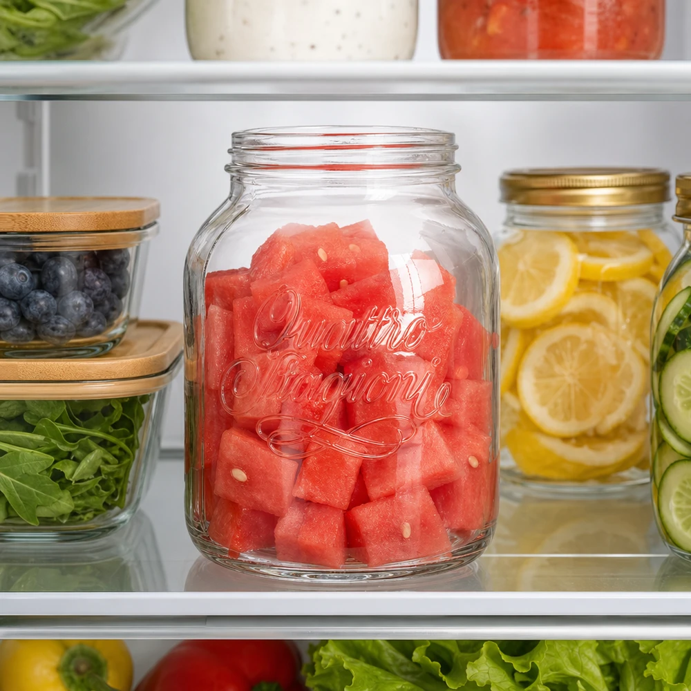3000ml Verre rond "Quattro Stagioni" QS110mm 3000ml Quattro Stagioni Bocal ménager avec pastèque dans le réfrigérateur pour Meal Prep et conservation des aliments