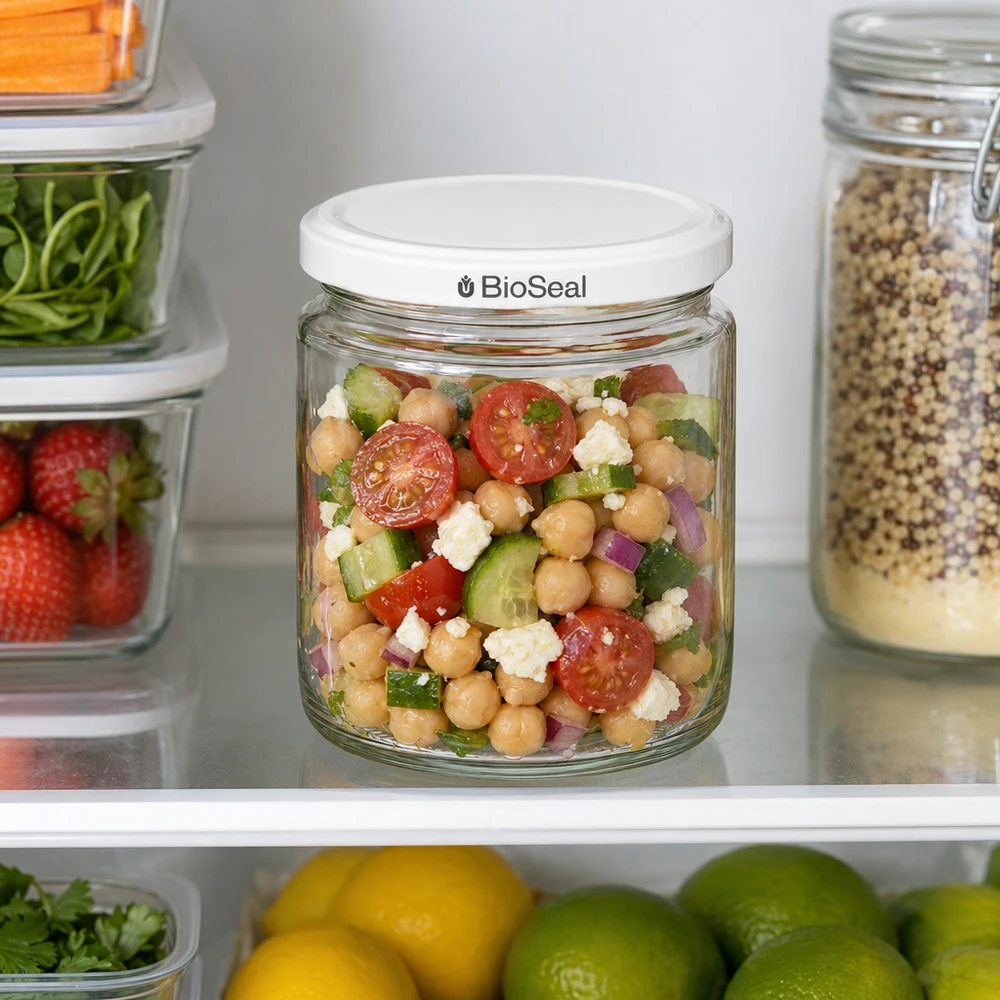 Pot à miel 350 g avec couvercle blanc BioSeal UNiTWIST Pot de miel de 250 ml avec couvercle BioSeal dans le réfrigérateur rempli d'une salade de pois chiches entre des récipients de stockage avec des fruits