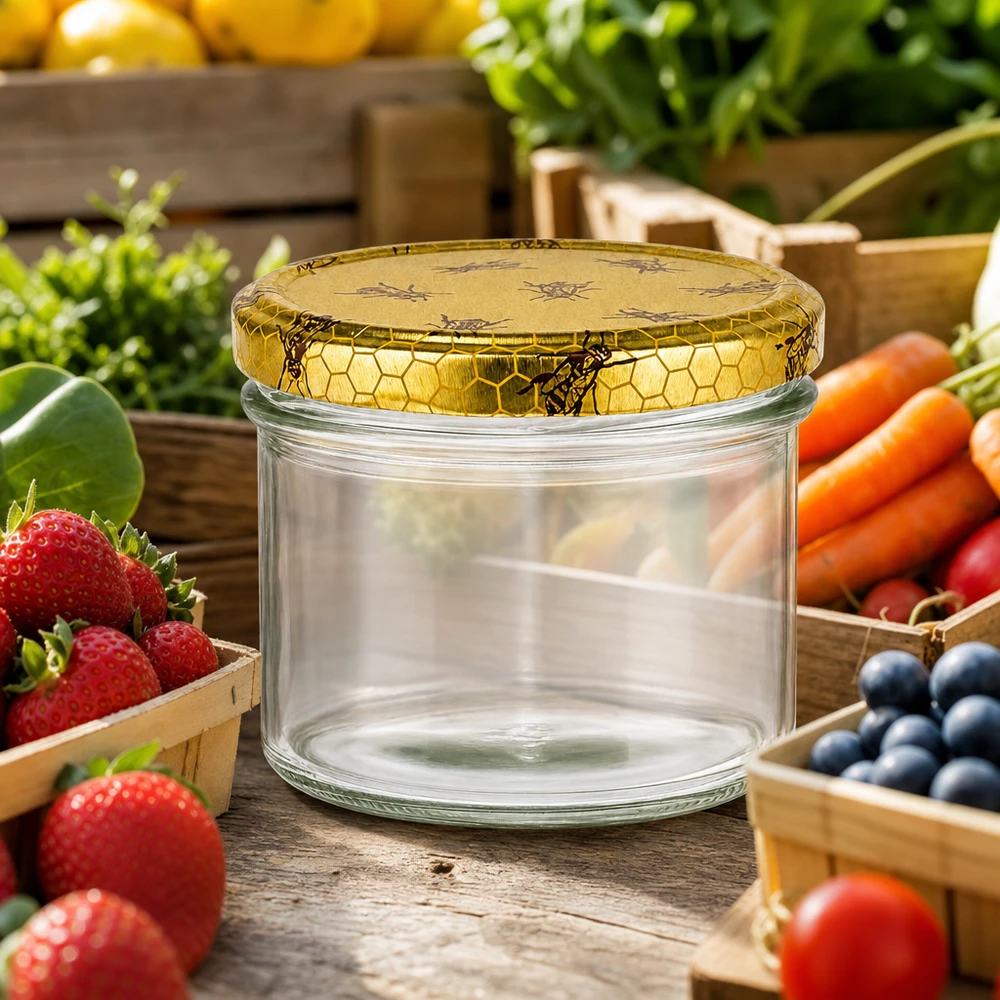 225ml pot renversé vide avec couvercle en nid d'abeille entouré de fruits frais légumes cuisine rustique pot de conservation