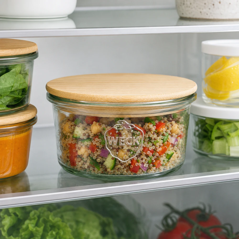 165ml bocal conique WECK RR80 avec couvercle en bois WECK Pot RR80 165ml avec couvercle en bambou pour l'organisation de Meal Prep au réfrigérateur rempli de salade de quinoa