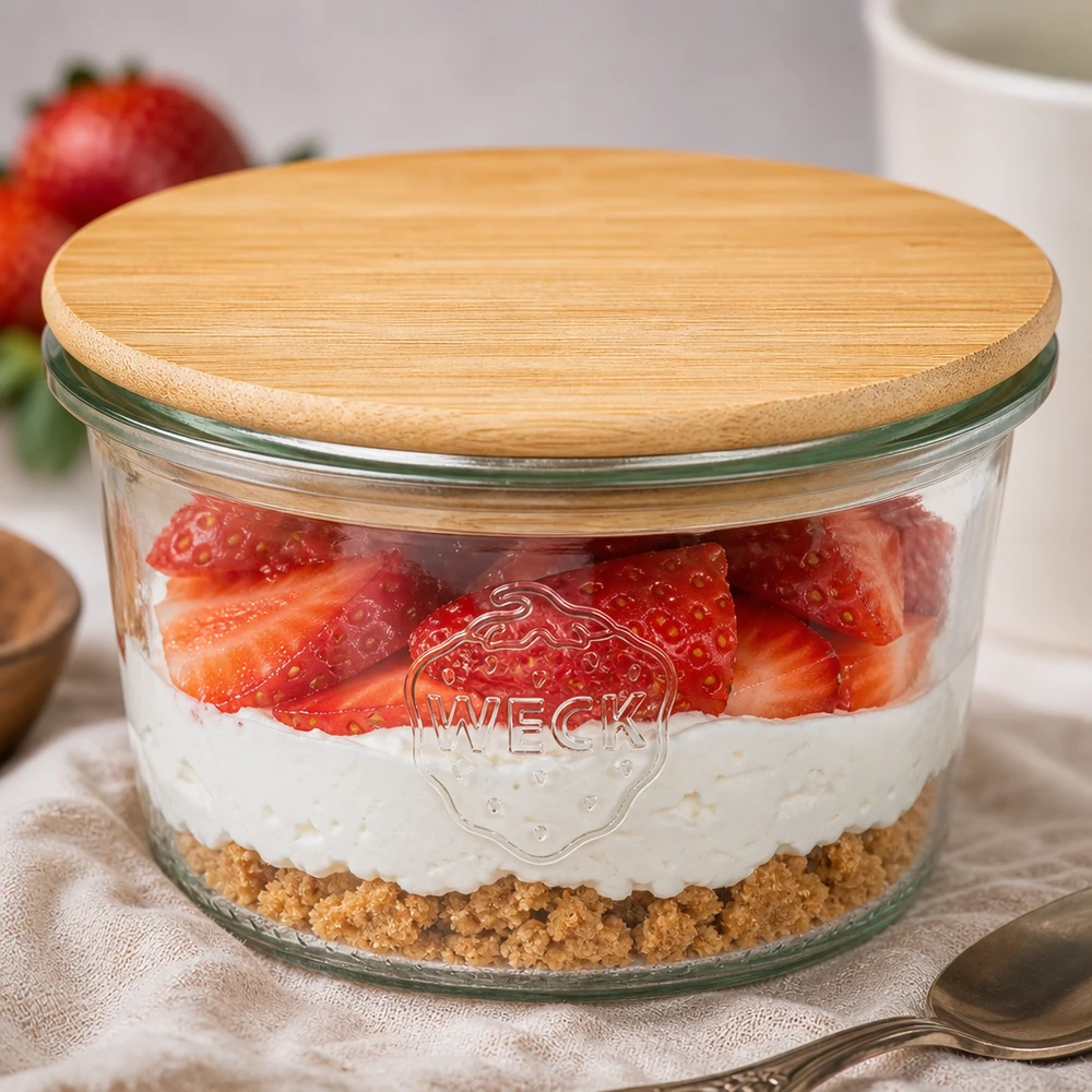 Pot de 80ml WECK RR60 avec couvercle en bois WECK Pot 80ml RR60 Couvercle en bambou Dessert à couches Fraises Yaourt Fond de biscuit Servir la portion individuellement