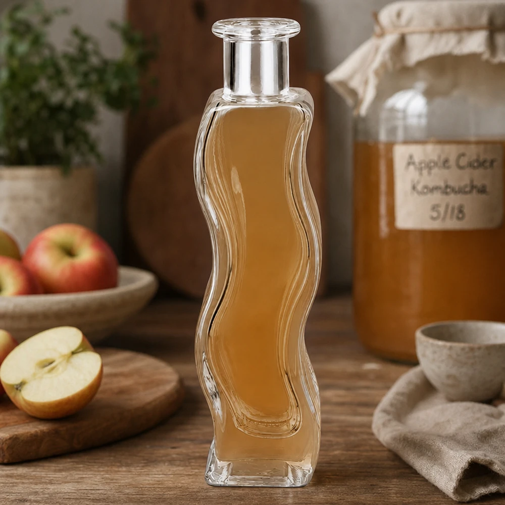 Bouteille en verre Melissa 100ml remplie de vinaigre de cidre dans une cuisine naturelle avec des pommes fraîches et un verre de kombucha