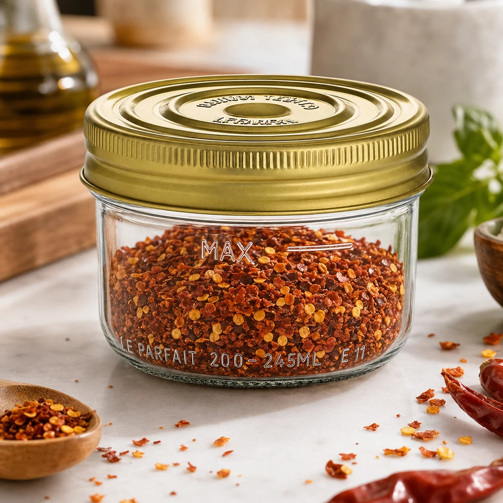 245ml verre renversé Familia Wiss avec couvercle doré rempli de flocons de piment rouge sur table de cuisine avec épices
