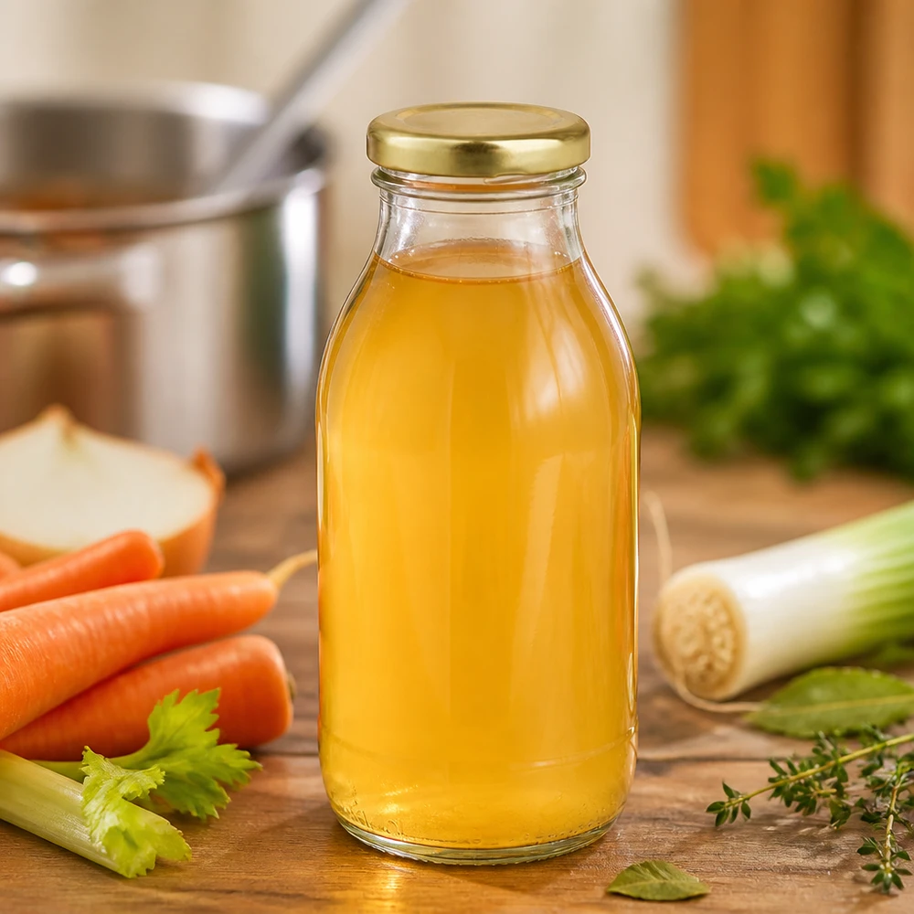 Bouteille en verre UNiTWIST de 250 ml contenant un bouillon de légumes maison et dotée d'un bouchon à vis BasicSeal doré