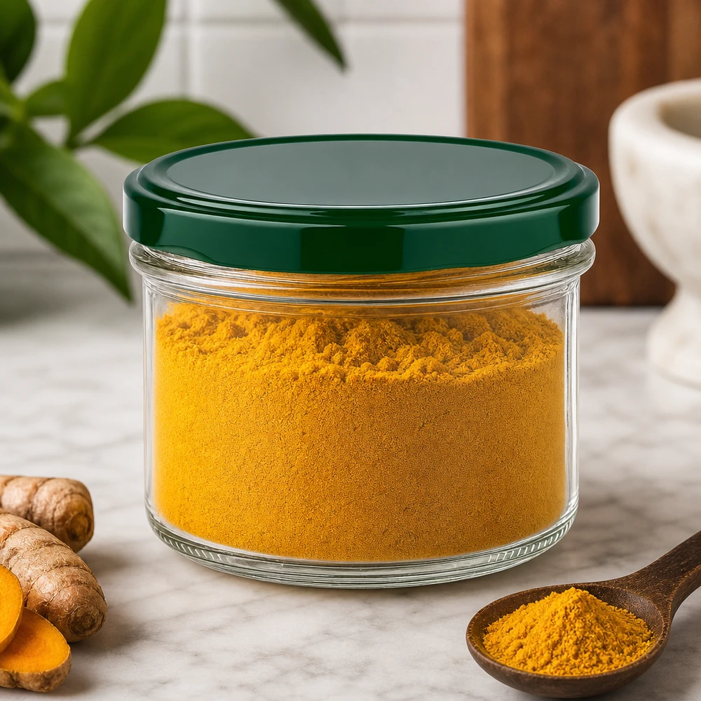225ml Verre conique avec couvercle BasicSeal vert UNiTWIST Sturzglas 225ml mit grünem Deckel gefüllt mit Kurkumapulver zeigt praktische Küchenaufbewahrung für Gewürze