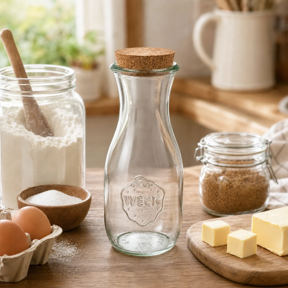 530ml Bouteille à jus de fruits WECK RR60 avec bouchon nature WECK Bouteille de jus de fruit 530ml avec bouchon dans une cuisine confortable à côté d'ingrédients de boulangerie farine œufs beurre sur une table en bois