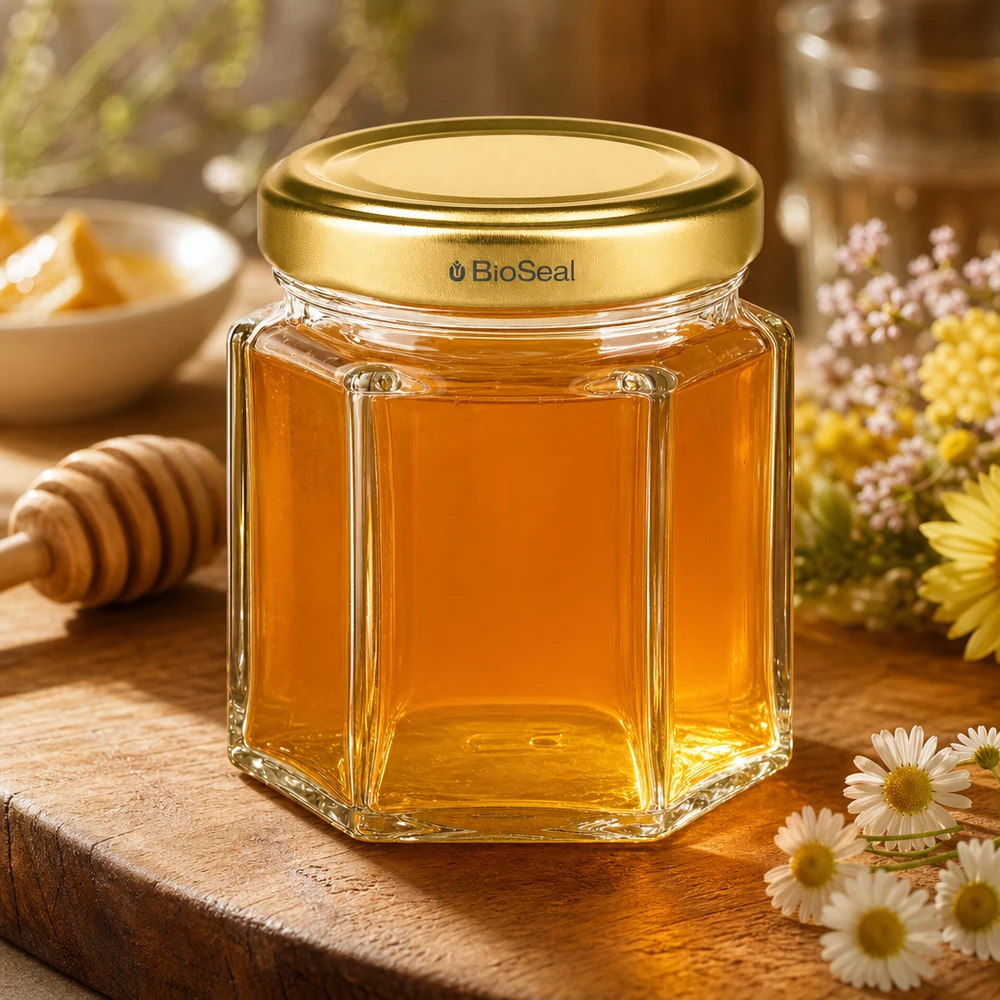 Pot à miel 60 g avec couvercle doré BioSeal UNiTWIST BioSeal pot de miel hexagonal de 60g rempli de miel doré sur une table en bois décorée d'un bâton de miel et de fleurs sauvages